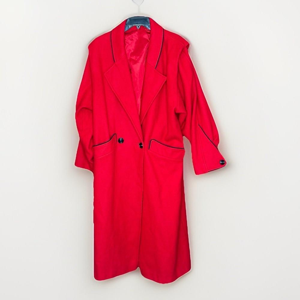 VTG 80s Fashions By Jill Coat Womens L/XL‎ Red Wool Oversized Black Trim Retro